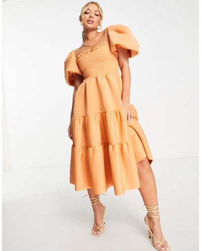 ASOS Shirred Puff Sleeve Tiered Prom Midi Dress - Orange