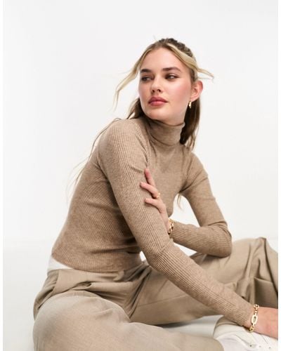 Pull&Bear Long Sleeve Knitted Polo Neck - Natural
