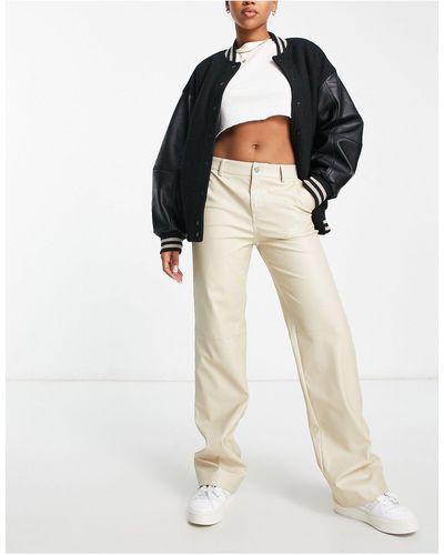 Pull&Bear Straight Leg Faux Leather Trousers With Seam Detail - White