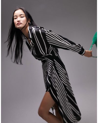 TOPSHOP Placement Stripe Midi Shirt Dress - Gray