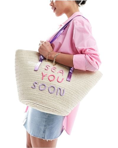 South Beach Straw Basket Shoulder Bag With Embroidered Detail - Pink