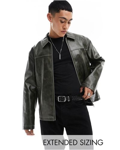 ASOS Faux Leather Harrington Jacket With Contrast Stitch - Black