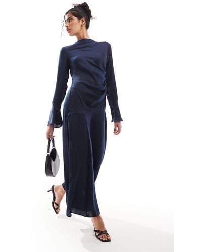 ASOS Ruched Side Cowl Neck Maxi Dress With Asymmetric Tier - Blue