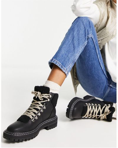 ONLY Chunky Lace Up Boot With Faux Fur Trim - Blue