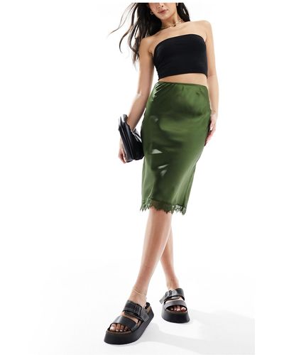 ASOS Satin Midi Skirt With Lace Trim - Green