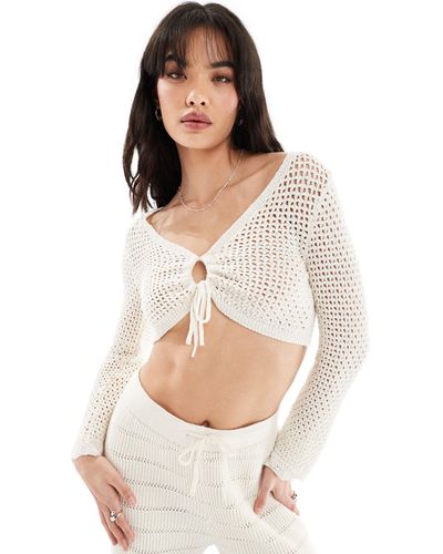 ONLY Crochet Tie Front Cropped Top Co-ord - White