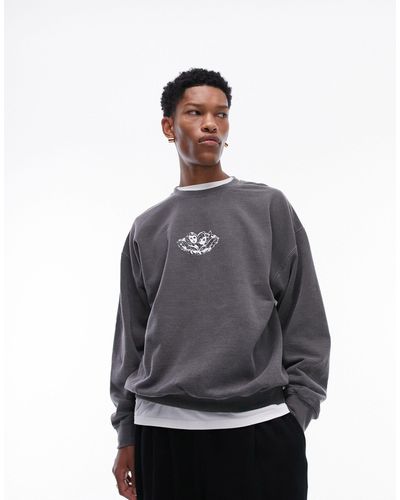 TOPMAN Sudadera negro lavado extragrande con estampado - Gris