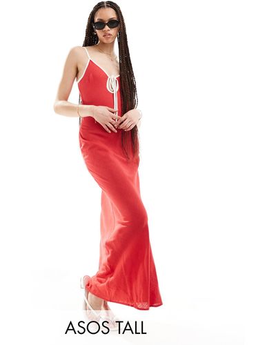 ASOS Asos Design Tall Linen Slip Dress With Contrast Binding - Red