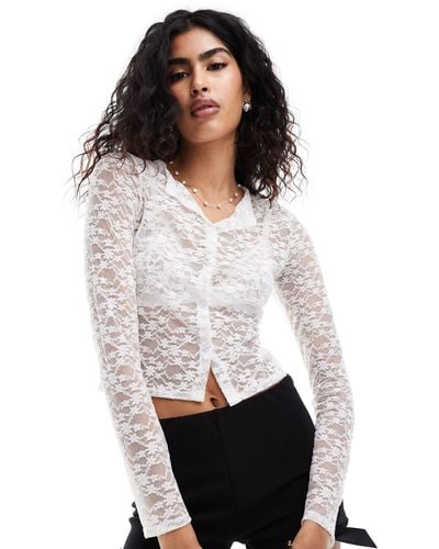 Miss Selfridge Long Sleeve Sheer Lace Button Through Cardi - White