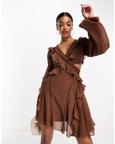 ASOS Long Sleeve Lace Insert Ruffle Skater Mini Dress With Cut Out - Brown