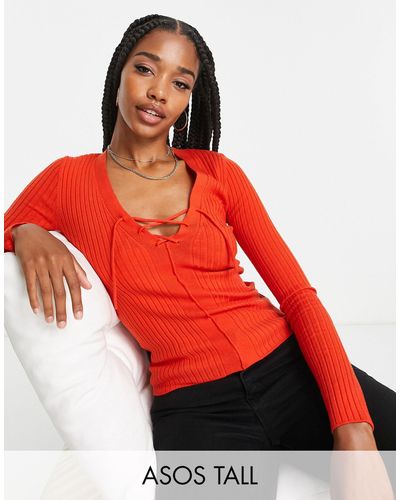 ASOS Asos Design Tall Jumper With Lace Up Detail - Red