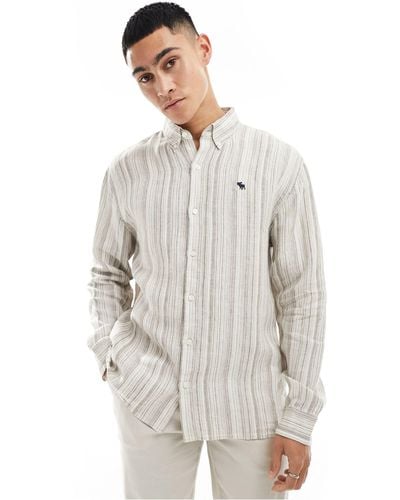 Abercrombie & Fitch Icon Logo Linen Stripe Oxford Shirt - Grey