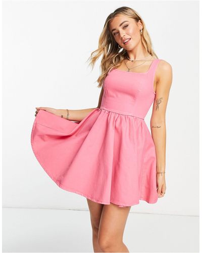 ASOS Denim Square Neck Dress With Full Skirt - Pink