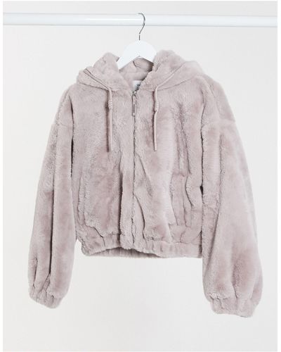 Bershka,Bershka faux fur zip up coat with hood in light gray - WEAR
