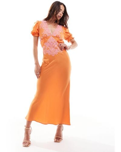 ASOS Embroidered Satin Midi Tea Dress - Orange