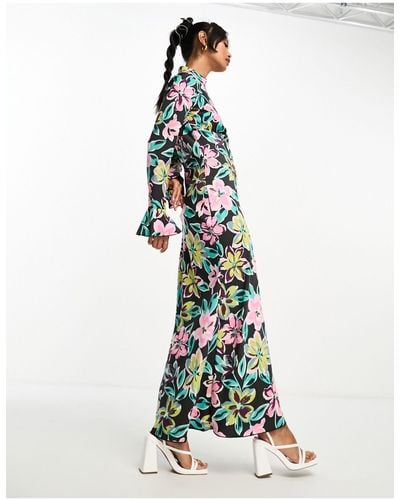 Vila Floral High Neck Maxi Dress With Cuff Detail - White