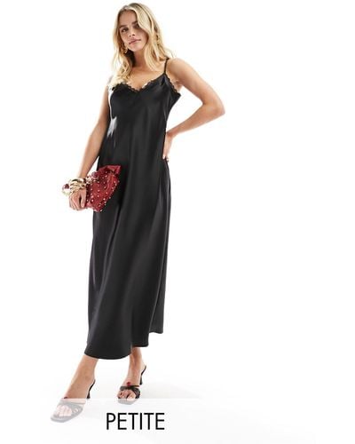 Miss Selfridge Satin Lace Trim Maxi Slip Dress - Black