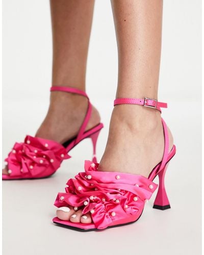 River Island Ruched Pearl Detail Flared Heeled Sandals - Pink