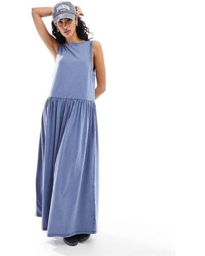 ASOS Sleeveless Smock Maxi Dress With Low Back And Pockets - Blue