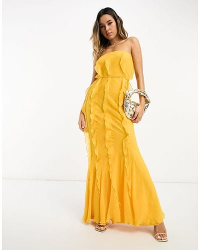 ASOS Ruffle Bandeau Maxi Dress With Tie Waist - Yellow