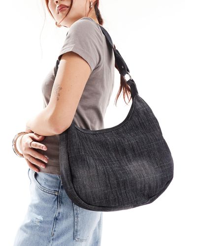 Glamorous Washed Denim Shoulder Crescent Tote Bag - Black
