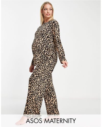 ASOS Asos Design Maternity Viscose Leopard Long Sleeve Top & Wide Leg Trouser Pyjama Set - White