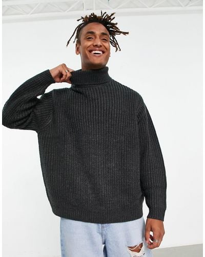 ASOS Oversized Fisherman Rib Roll Neck Sweater - Black