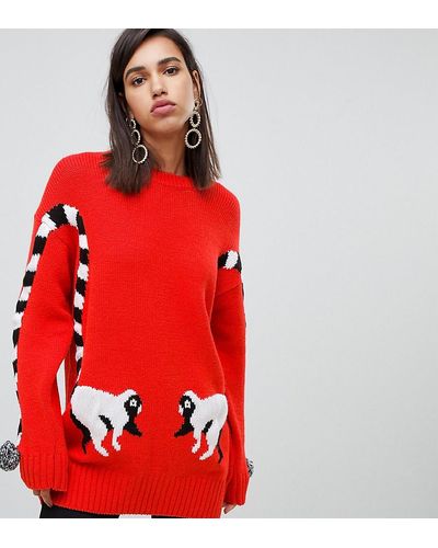 River Island Sweater With Lemur Motif In Red