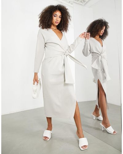ASOS Textured Jersey Slouchy Midi Dress With Tie Wrap Detail - White