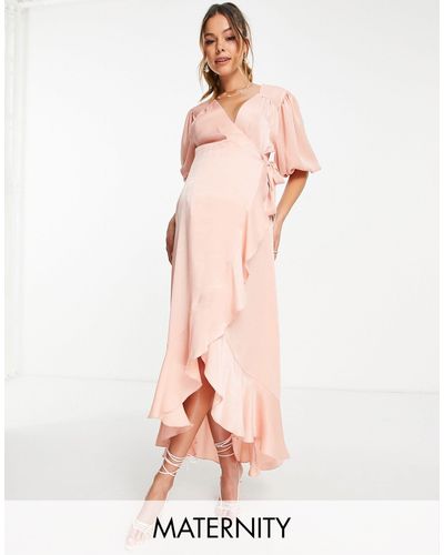 Flounce London Puff Sleeve Maxi Wrap Dress - Pink