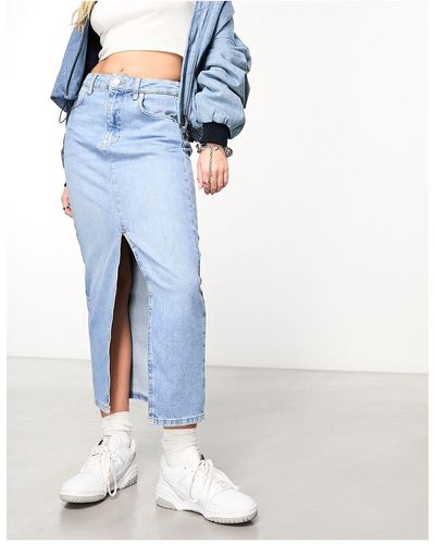 New Look Jupe longue fendue sur le devant en jean - délavé - Bleu
