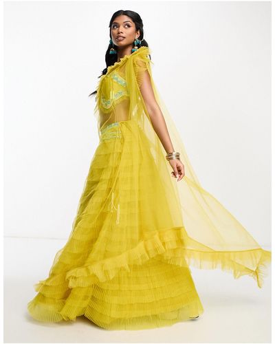 A Star Is Born Tiered Tulle Lehenga Skirt And Dupatta - Yellow