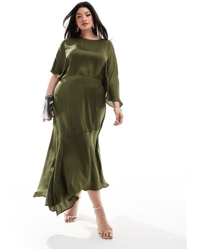 ASOS Asos Design Curve Satin Flutter Sleeve Asymmetric Hem Midi Dress - Green