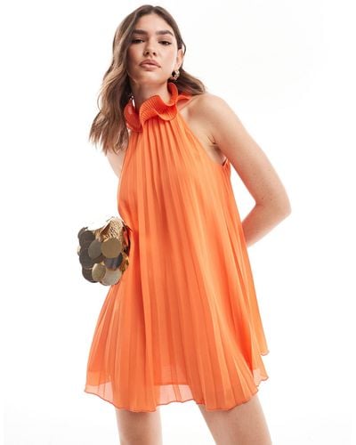Style Cheat Pleated Mini Dress With Neck Detail - Orange