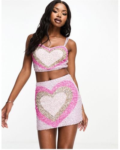 LACE & BEADS Embellished Heart Crop Top Co-ord - White
