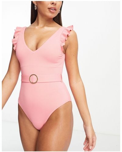 New Look Frill Sleeve Belted Swimsuit - Pink