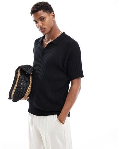 New Look Short Sleeve Ribbed Revere Knit - Black