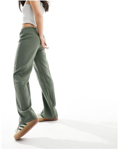 Pull&Bear Pantalon en lin à taille haute - kaki - Blanc