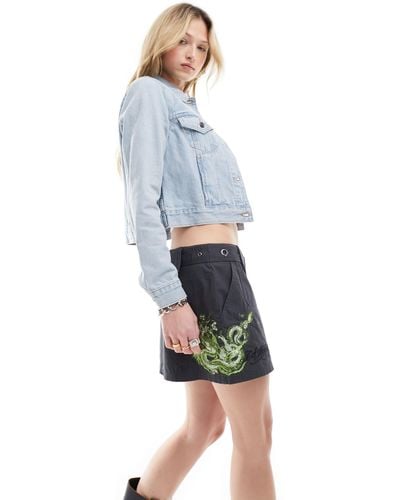 Ed Hardy Micro Twill Cargo Skirt With Green Dragon Embroidery - Blue