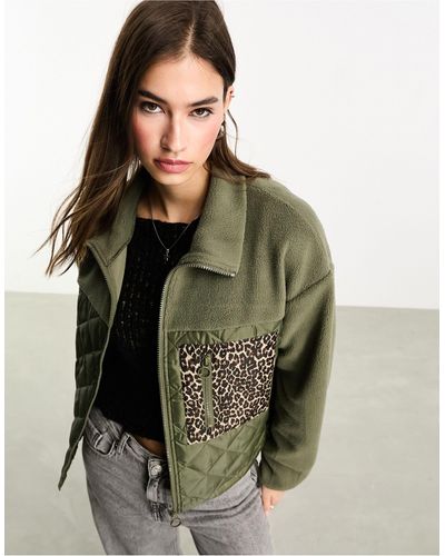 ONLY Teddy Fleece Jacket With Leopard Print Pocket - Green