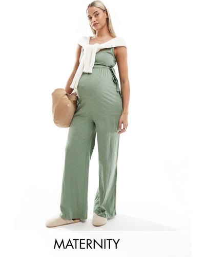 Mama.licious Mamalicious Maternity Belted Jersey Jumpsuit With Wide Leg - Green