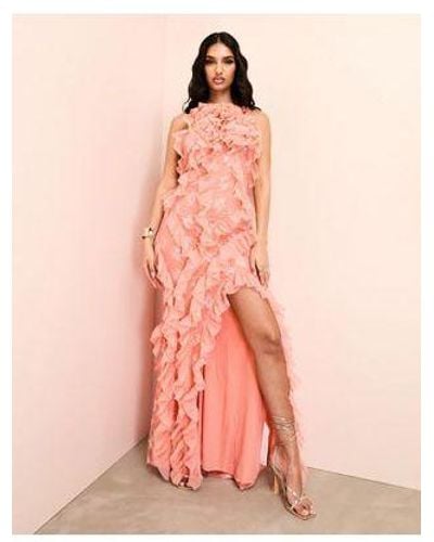 ASOS Lace Ruffle Chiffon Halter Maxi Dress With Corsage Detail - Pink
