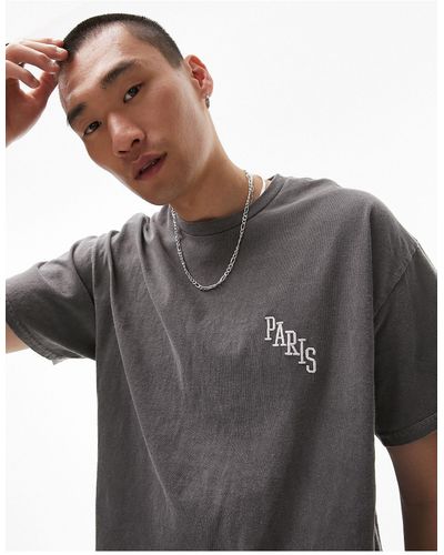 TOPMAN Oversized Fit T-shirt With Paris Embroidery - Grey