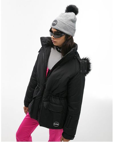 TOPSHOP Sno Ski Parka Coat With Fur Hood - Black