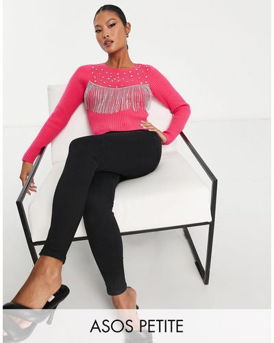 ASOS Asos Design Petite Sweater With Embellished Stones And Fringe Detail - Pink
