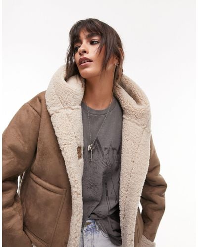 TOPSHOP Faux Suede Shearling Hooded Cropped Car Coat With Borg Lining - Brown