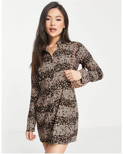 Motel Relaxed Mini Button Up Bodycon Dress - Brown