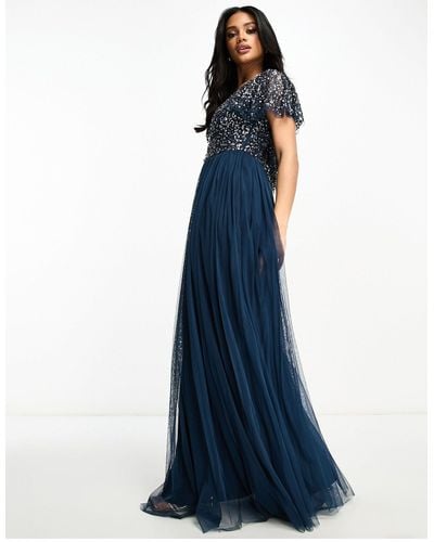 Beauut Bridesmaid Embellished Maxi Dress With Flutter Detail - Blue