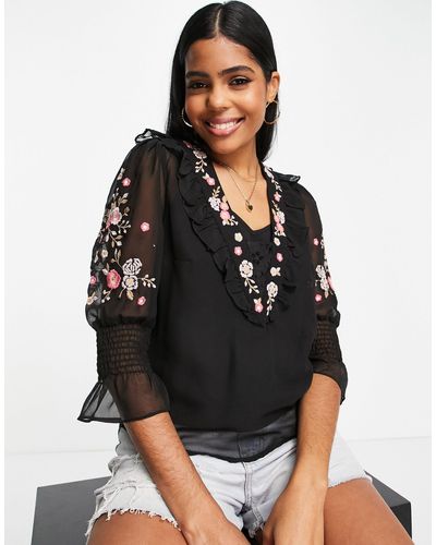 French Connection Eve Embroidered Blouse - Black