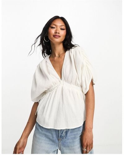 ASOS Plunge Front Crinkle Top With Tie Side - White